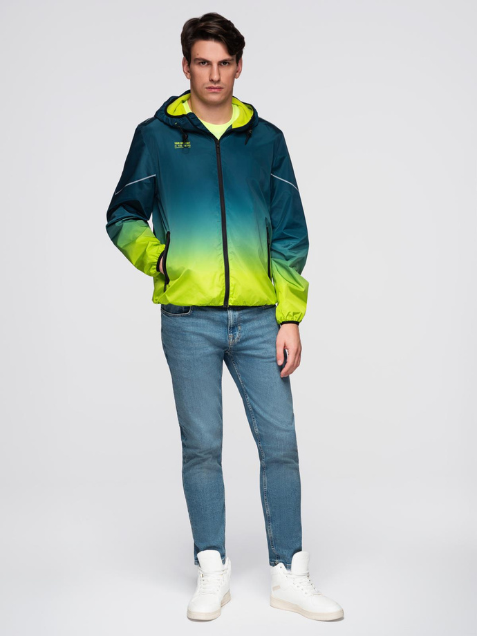 Men's ombre sports jacket with reflectors and fleece lining - turquoise and lime green V1 C641