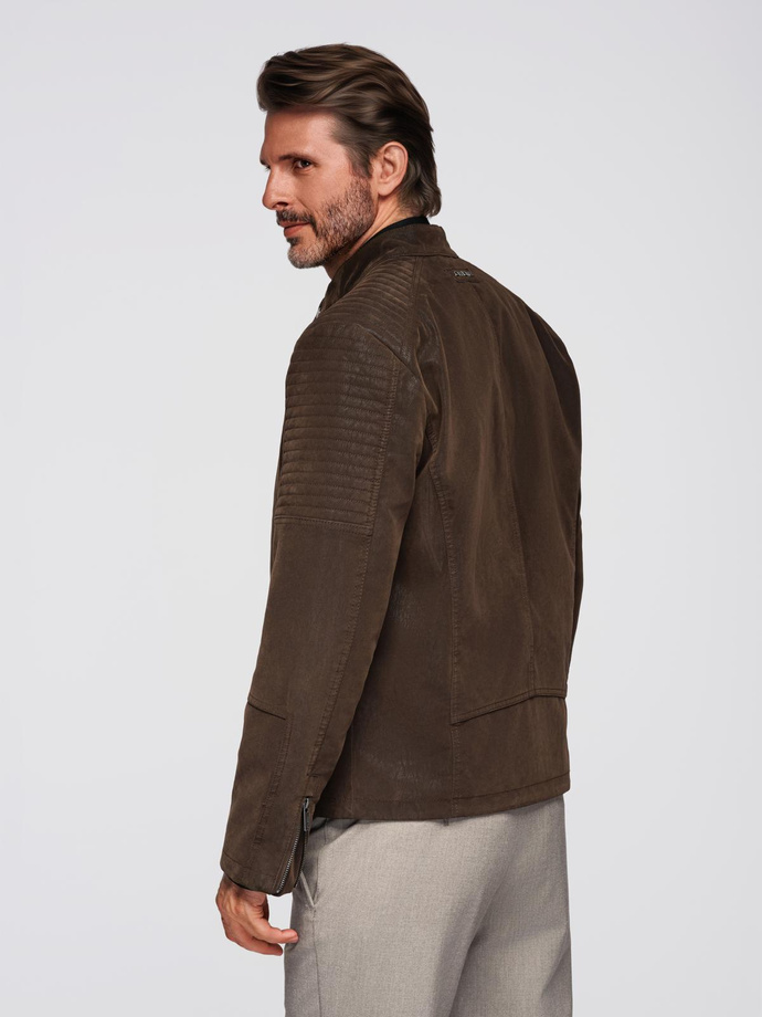 Men's retro biker jacket with stand-up collar - brown V1 OM-JAFL-0197