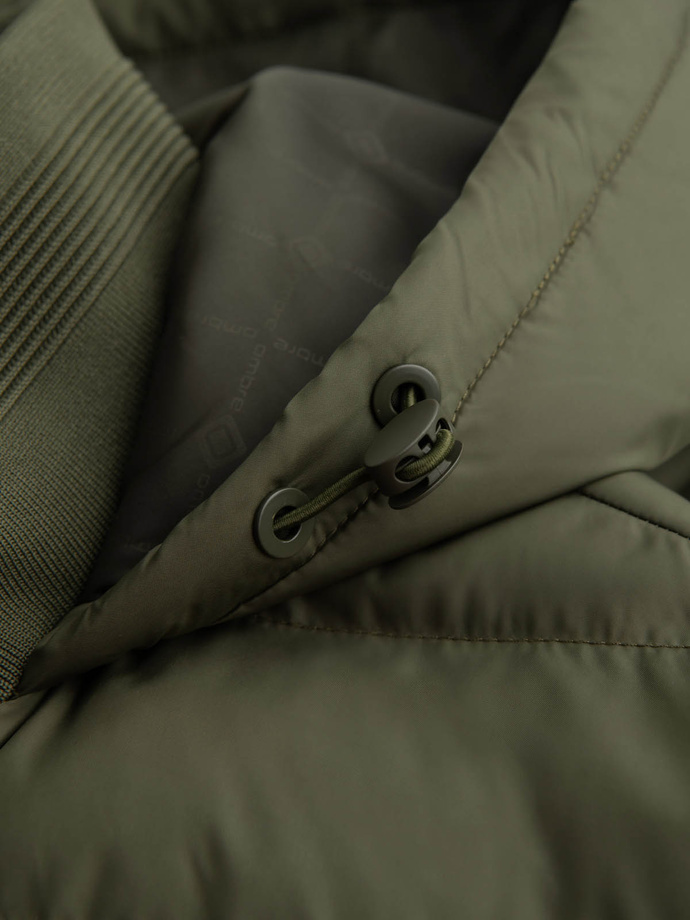 Men's quilted bomber jacket with high collar - dark olive green V3 OM-JALP-0140