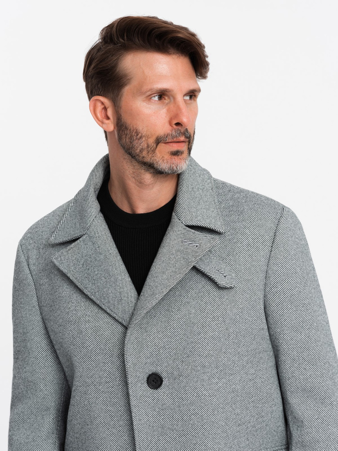 Patterned single-breasted men's coat with pockets - grey V3 OM-COWC-0108