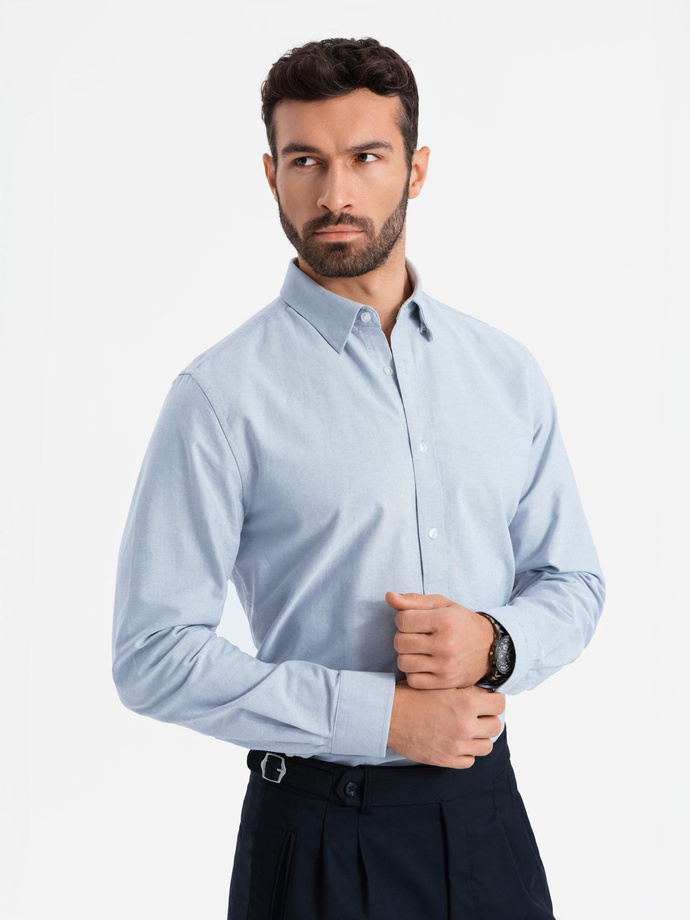 Elegant men's oxford shirt with embroidery - blue V1 OM-SHOS-0172