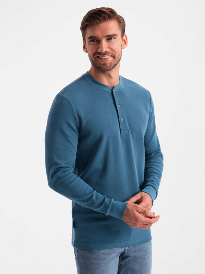 Men's waffle knit longsleeve fastened at the neck - blue denim V4 OM-LSCL-0120