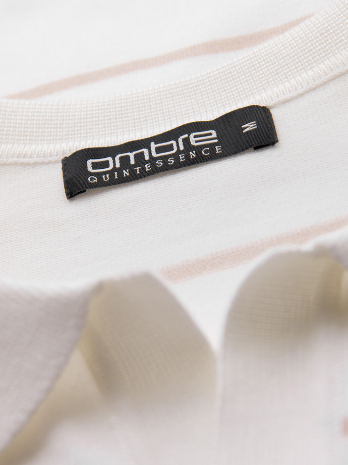 Men's horizontal striped polo longsleeve with viscose - white and beige V4 OM-POLS-0146