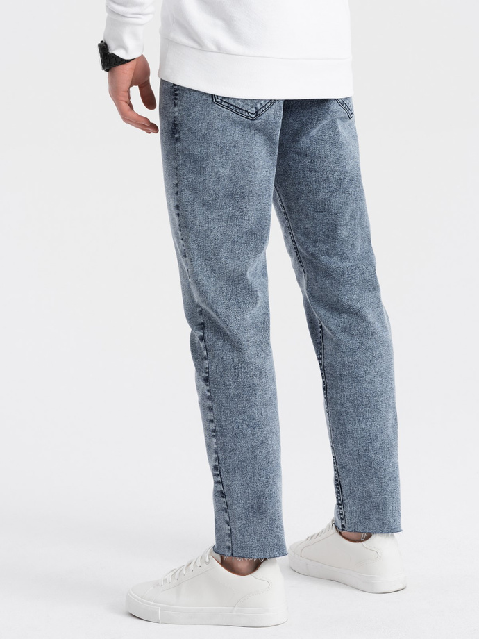 Men's marbled denim pants with raw-leg SLIM FIT - dark blue V4 OM-PADP-0146