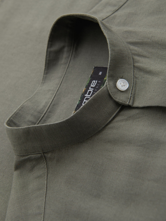 Men's linen shirt with stand-up collar and pocket REGULAR FIT - khaki V6 OM-SHCS-0161