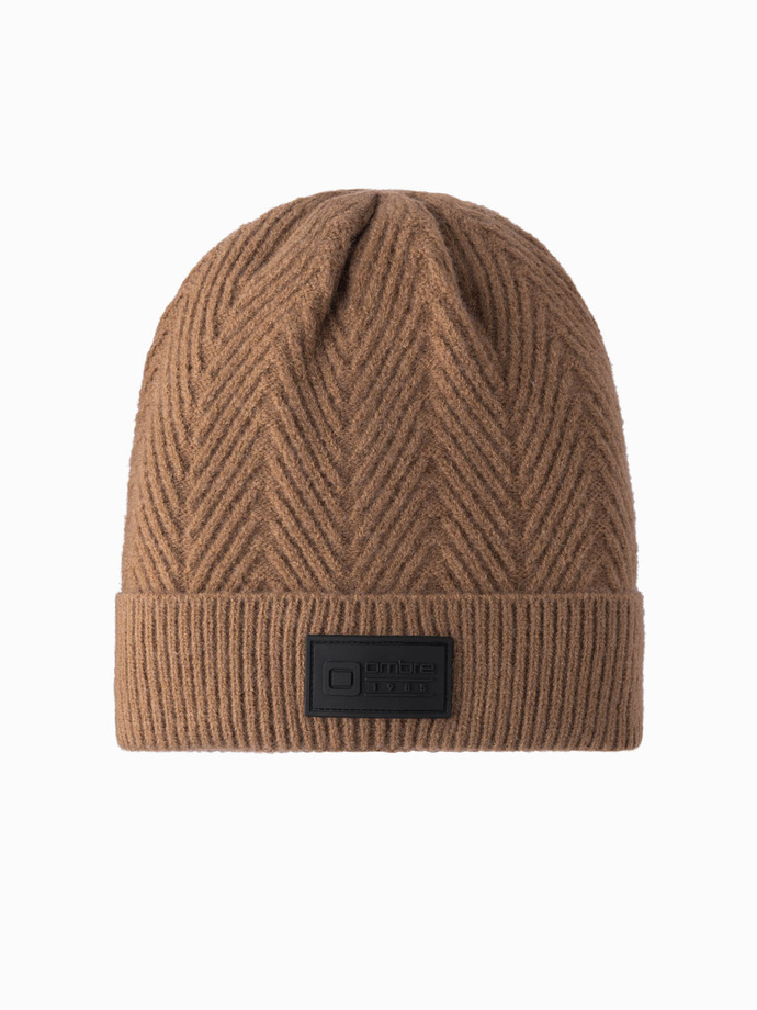 Men's knitted sweater weave cap with patch - light brown V4 OM-ACWH-0122