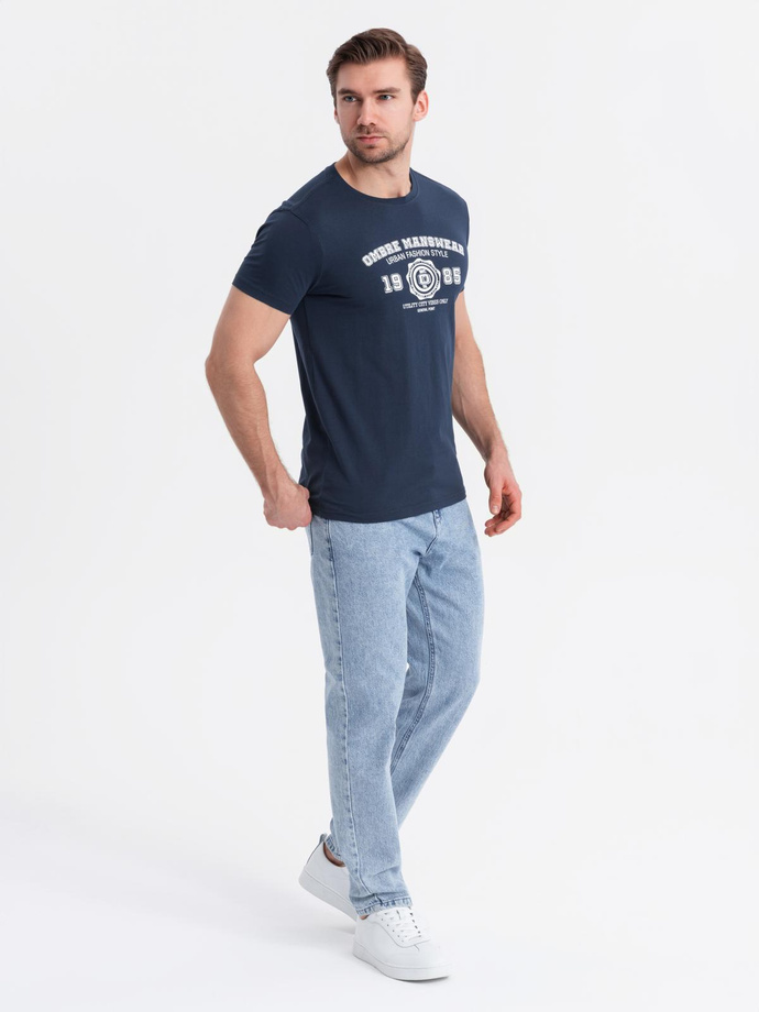 Men's cotton t-shirt with college style print - navy blue V3 OM-TSPT-0137