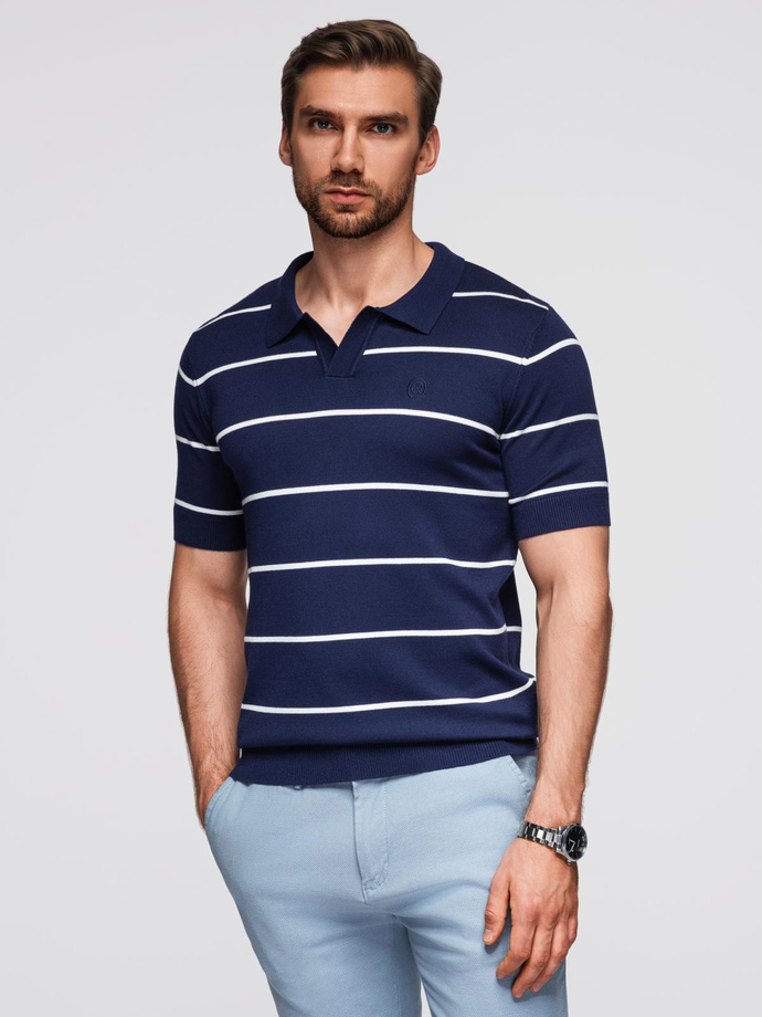 Men's horizontal striped polo shirt with viscose - navy blue and white V1 OM-POSS-0145