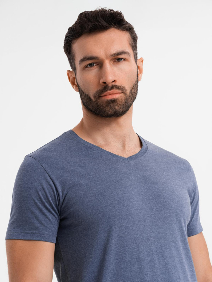 Men's BASIC classic cotton T-shirt with a serape neckline - blue melange V18 OM-TSBS-0237