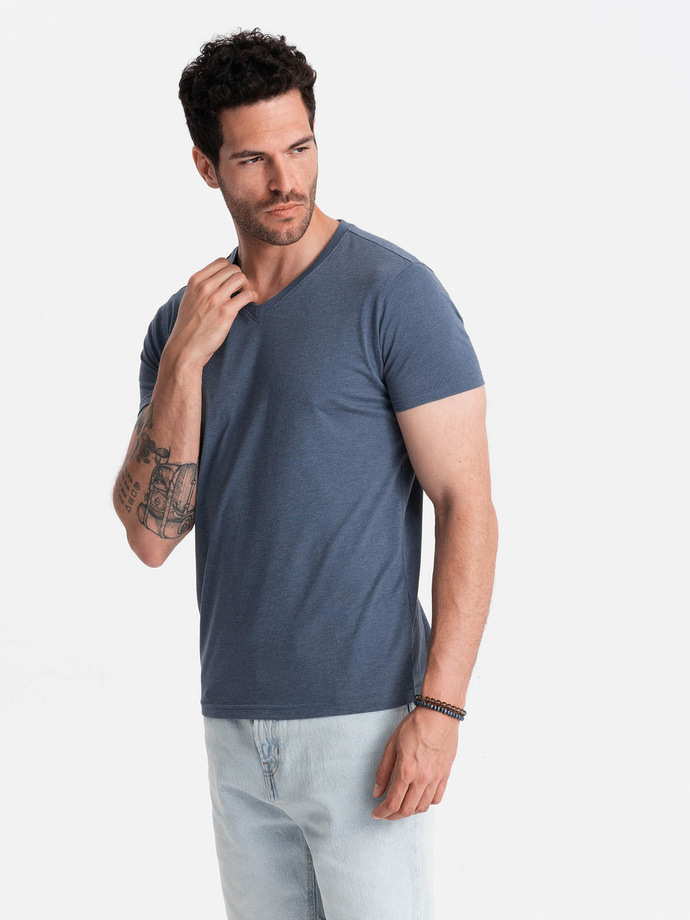 Men's BASIC classic cotton T-shirt with a serape neckline - blue melange V18 OM-TSBS-0145