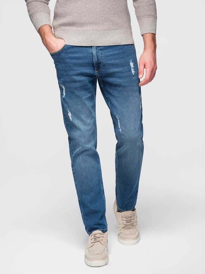 Męskie spodnie jeansowe SLIM FIT z przetarciami - ciemnoniebieskie V2 OM-PADP-0255