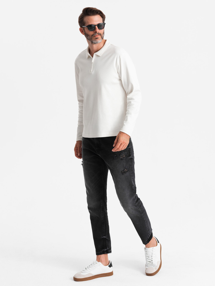Men's polo longsleeve with zippered collar - white V1 OM-POLS-0130