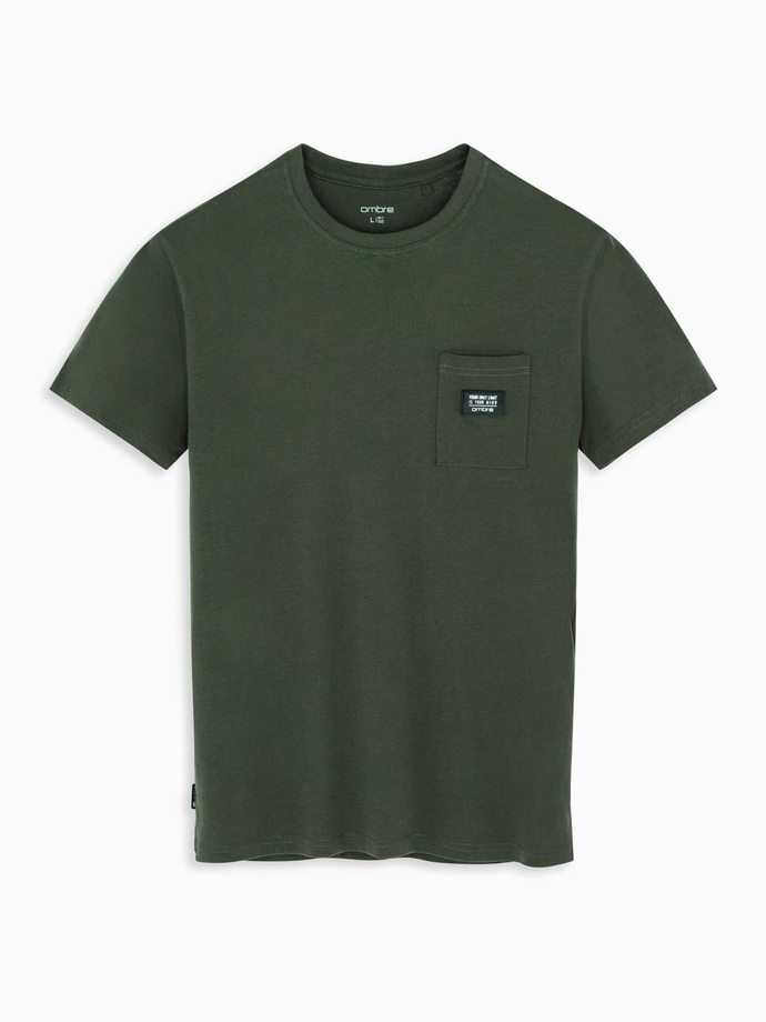 Casual men's t-shirt with patch on pocket - dark olive V4 OM-TSCT-0109