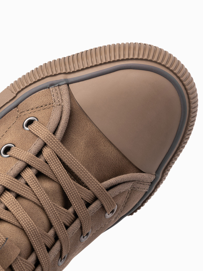 Męskie wysokie buty trampki z dekoracyjną lamówką – brązowe V2 OM-FOTH-0158