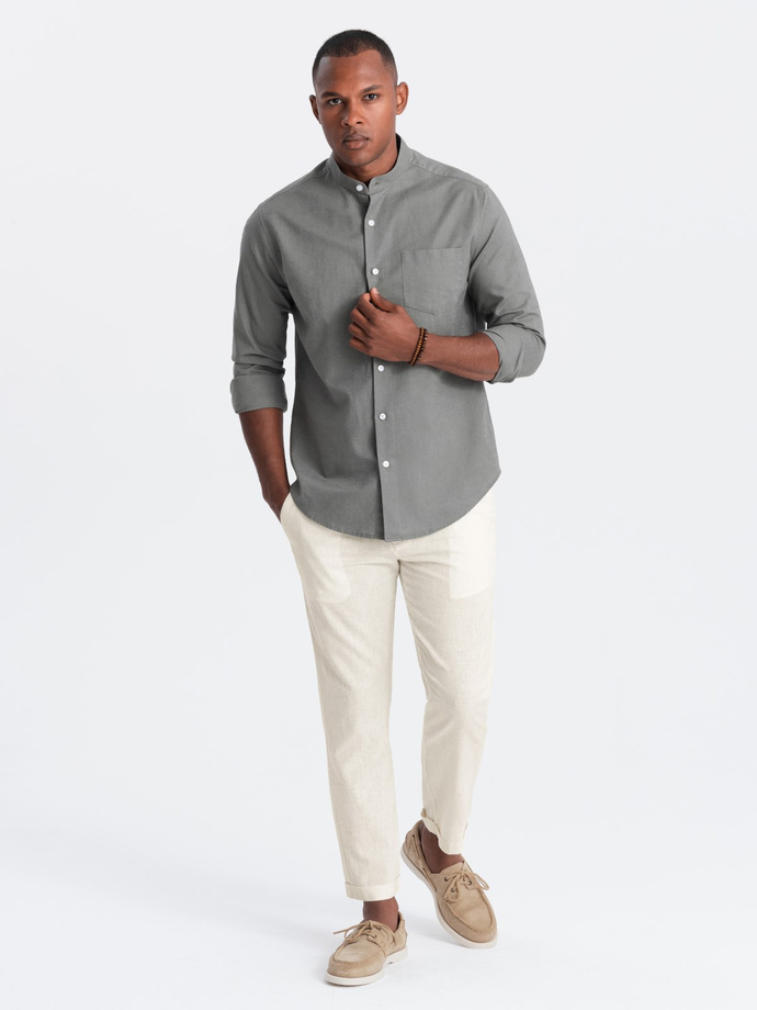 Podwijane męskie spodnie chino z dodatkiem lnu – kremowe V2 OM-PACP-0198