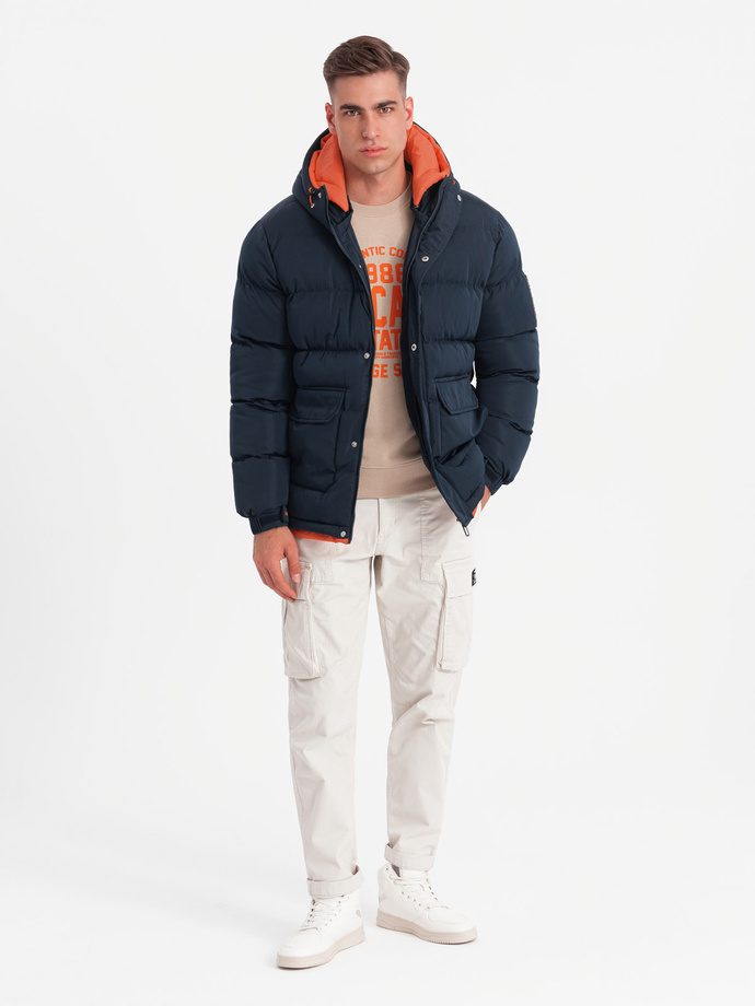 Ciepła sportowa kurtka męska z podwójnym kapturem – granatowa V2 OM-JAHP-0208