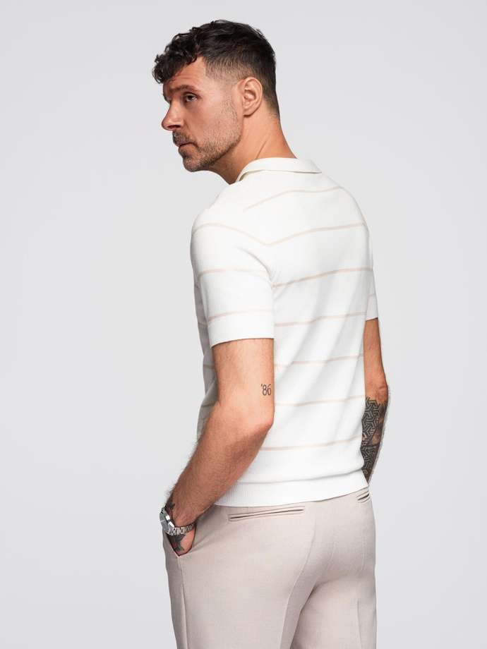 Men's horizontal striped viscose polo shirt - white and beige V4 OM-POSS-0145