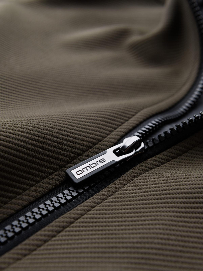 Kurtka męska o kroju biker ze strukturalnego materiału – ciemnooliwkowa V1 OM-JANP-0138