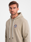 Men's kangaroo sweatshirt with hood and college style patch - sand V3 OM-SSNZ-0144