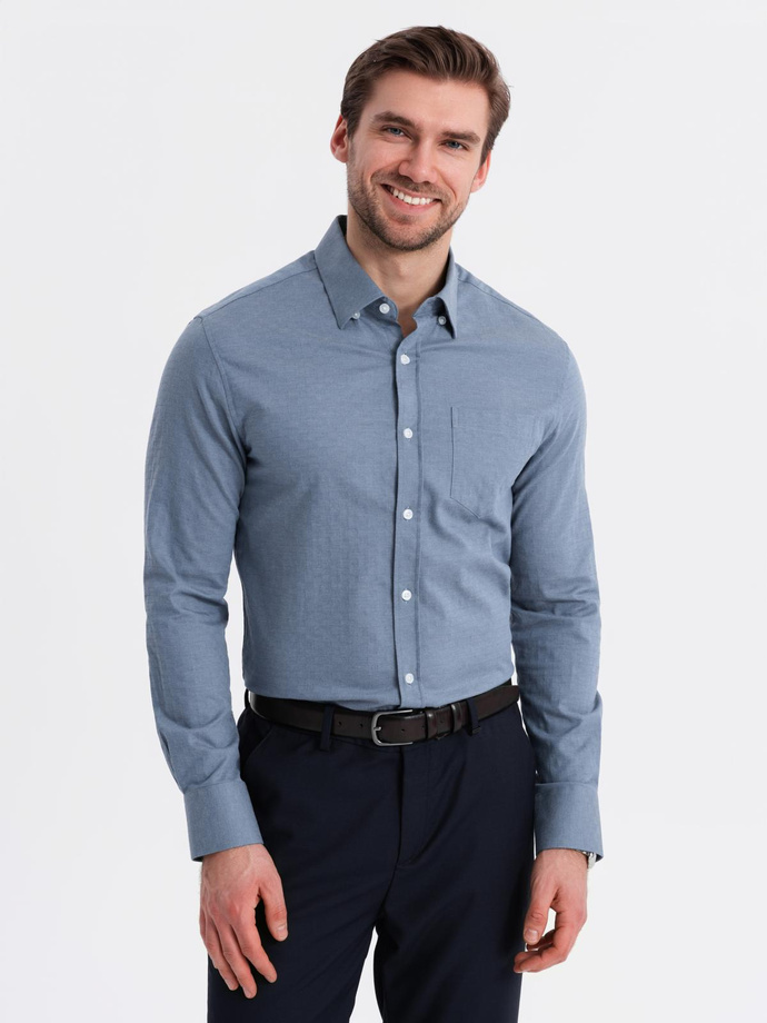 Męska koszula SLIM FIT z ozdobnej tkaniny z kieszonką – niebieska V1 OM-SHCS-0174