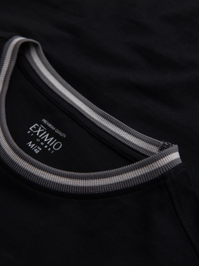 Bawełniany longsleeve męski z dekoltem U w paski i haftem – czarny V4 OM-LSCL-0128