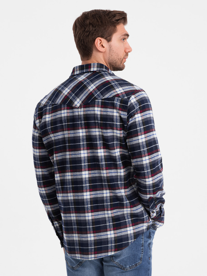 Men's checkered flannel shirt with pockets - navy blue and red V2 OM-SHCS-0149