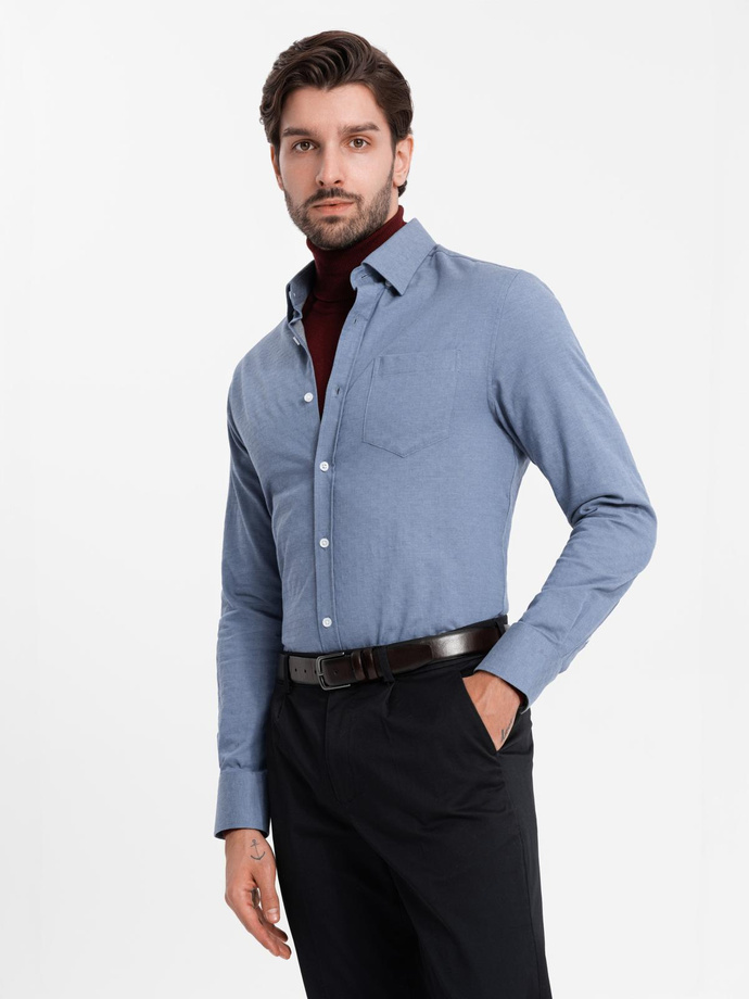 Męska koszula SLIM FIT z ozdobnej tkaniny z kieszonką – niebieska OM-SHCS-0174