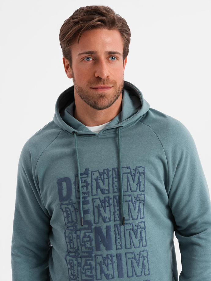 Men's non-stretch kangaroo sweatshirt with hood and print - turquoise V2 OM-SSPS-0158