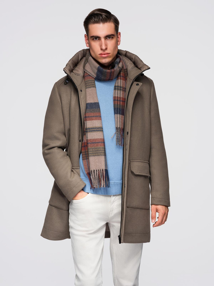 Męski płaszcz parka z wełną i kapturem - khaki V2 OM-COWC-0132
