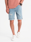 Men's short denim shorts with rubbing and rolled up leg - light blue V1 OM-SRDS-0186