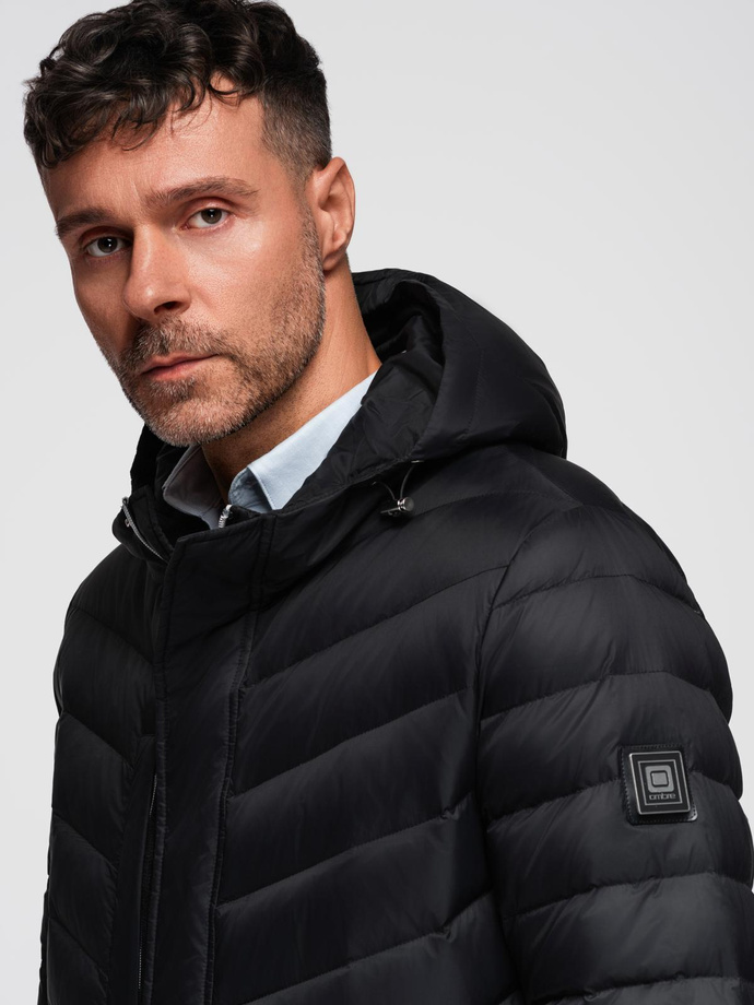 Men's long quilted jacket with natural filling - black V1 OM-JALJ-0212