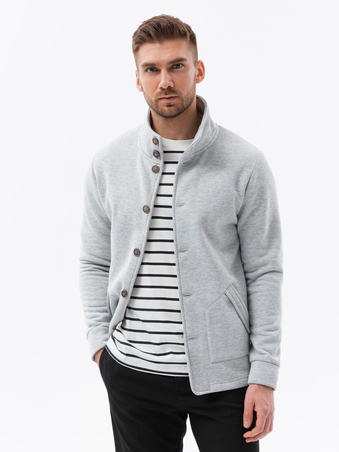 Men's button-down sweatshirt with stand-up collar - grey melange V2 OM-SSZP-22FW-013