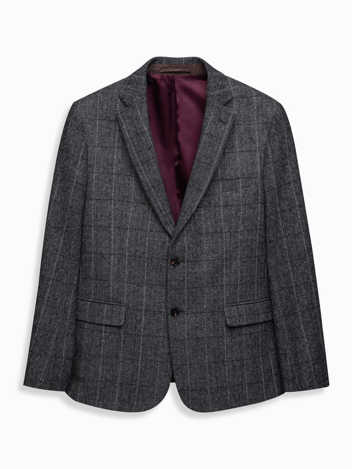 Elegant men's plaid blazer with wool blend - grey V1 OM-BLZB-0137