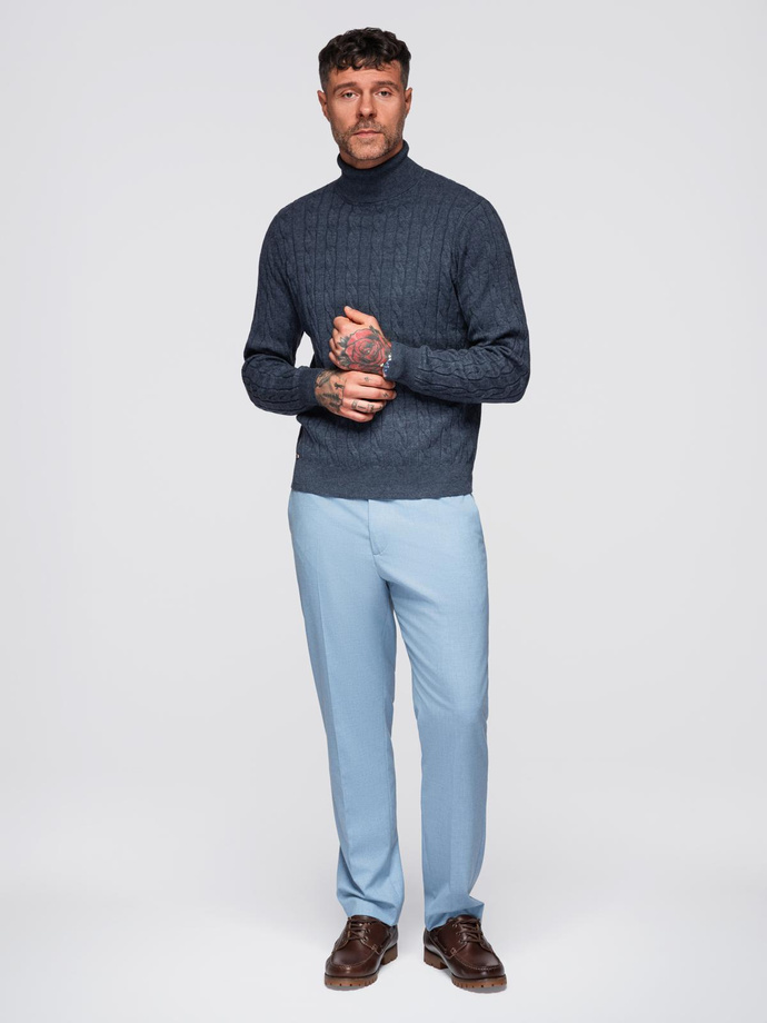 Men's turtleneck sweater with checkered weave - navy blue V3 OM-SWTN-0157