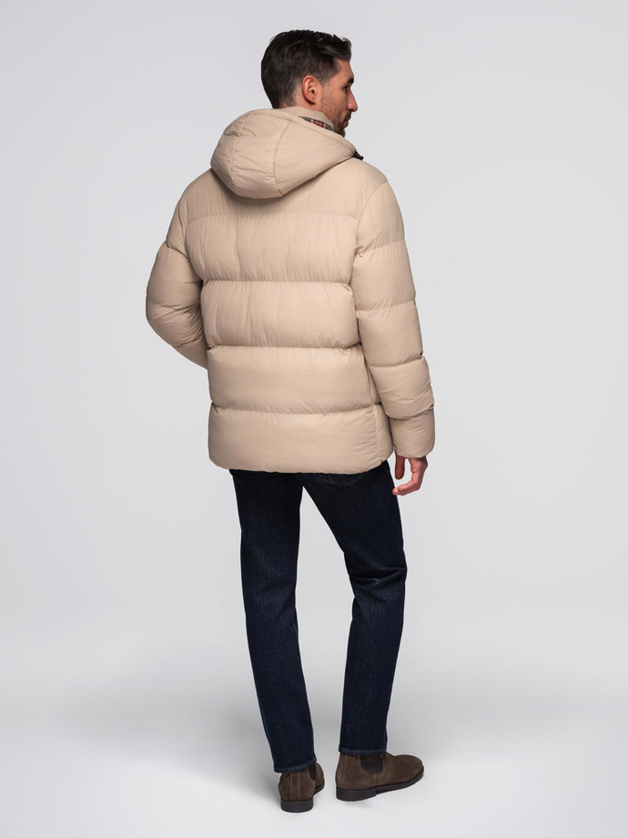Men's puffer jacket with check lining - beige V2 OM-JAHP-0205