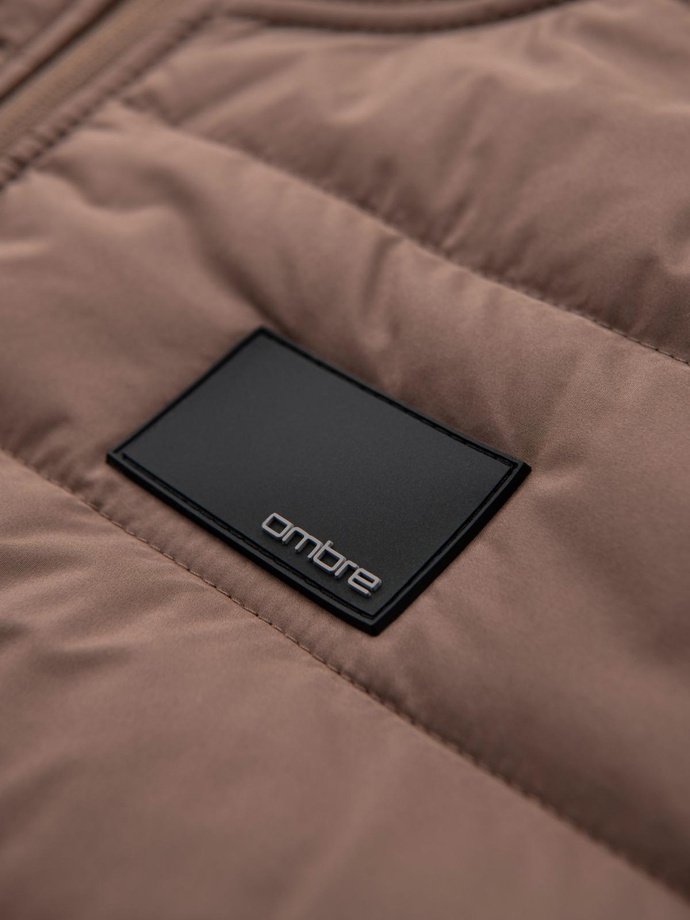 Men's lightweight jacket of combined materials with hood and decorative quilting - light brown V2 OM-JANP-0160