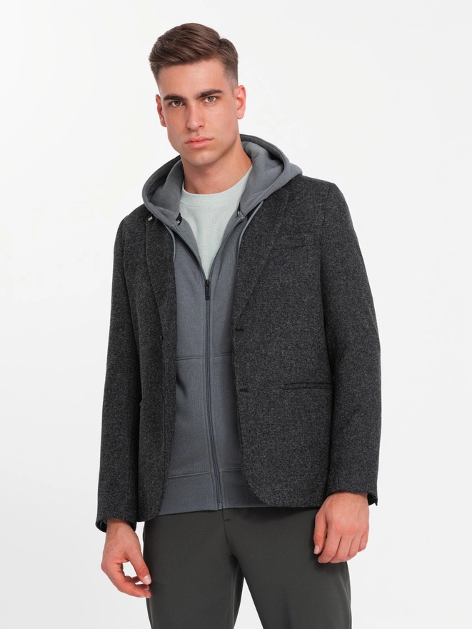 Men's casual blazer with decorative pin on lapel - graphite melange V2 OM-BLZB-0120
