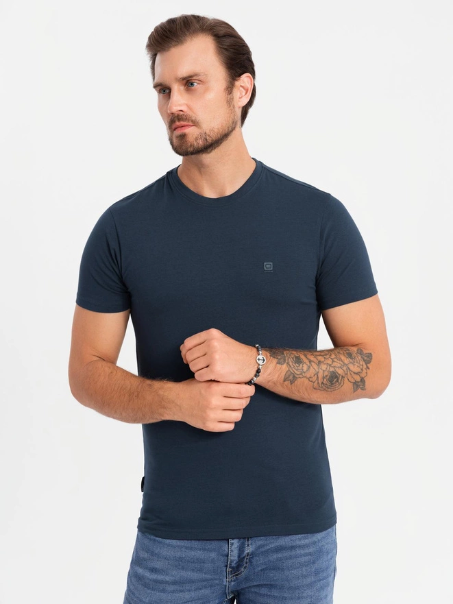 Koszulka męska SLIM FIT z okrągłym dekoltem i logotypem – granatowa V2 OM-TSCT-0220