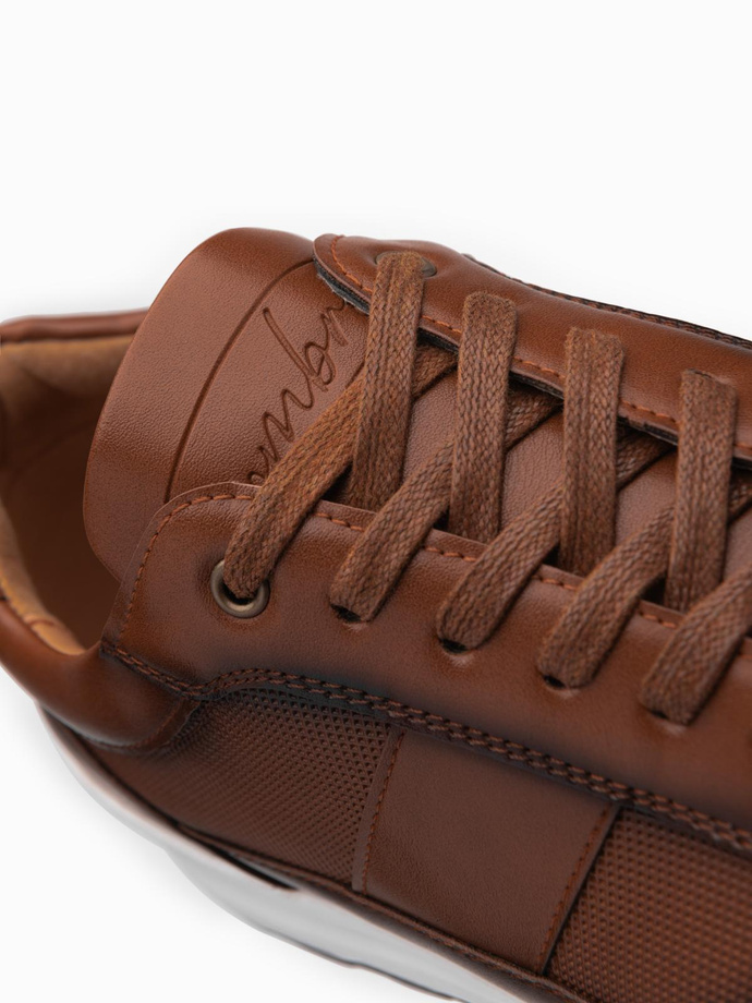 Męskie buty sportowe sneakersy ze skóry ekologicznej – brązowe V1 OM-FOSL-0181