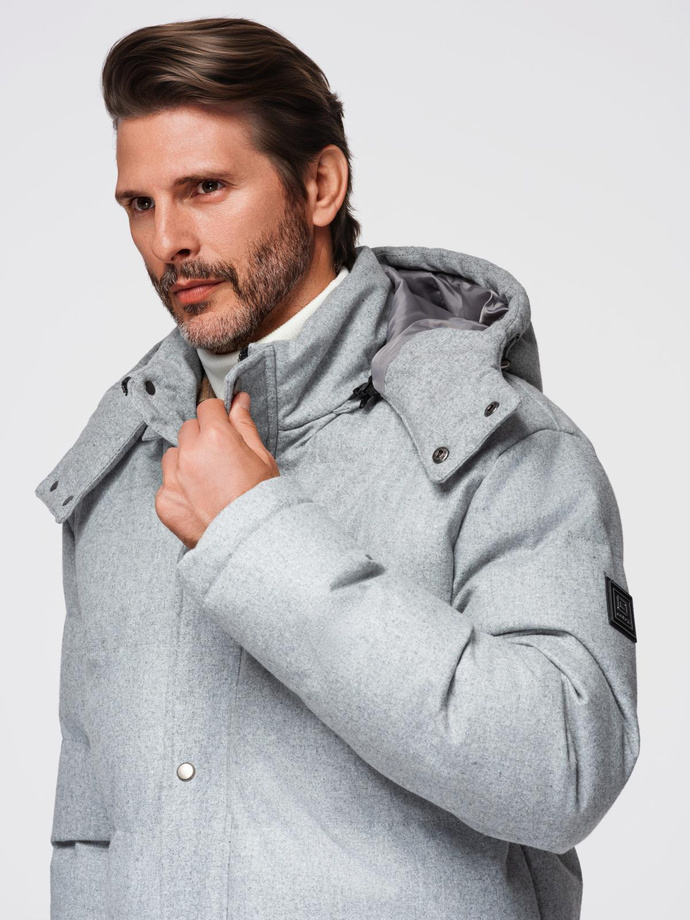 Warm men's long parka jacket with wool - light grey melange V3 OM-JALJ-0217