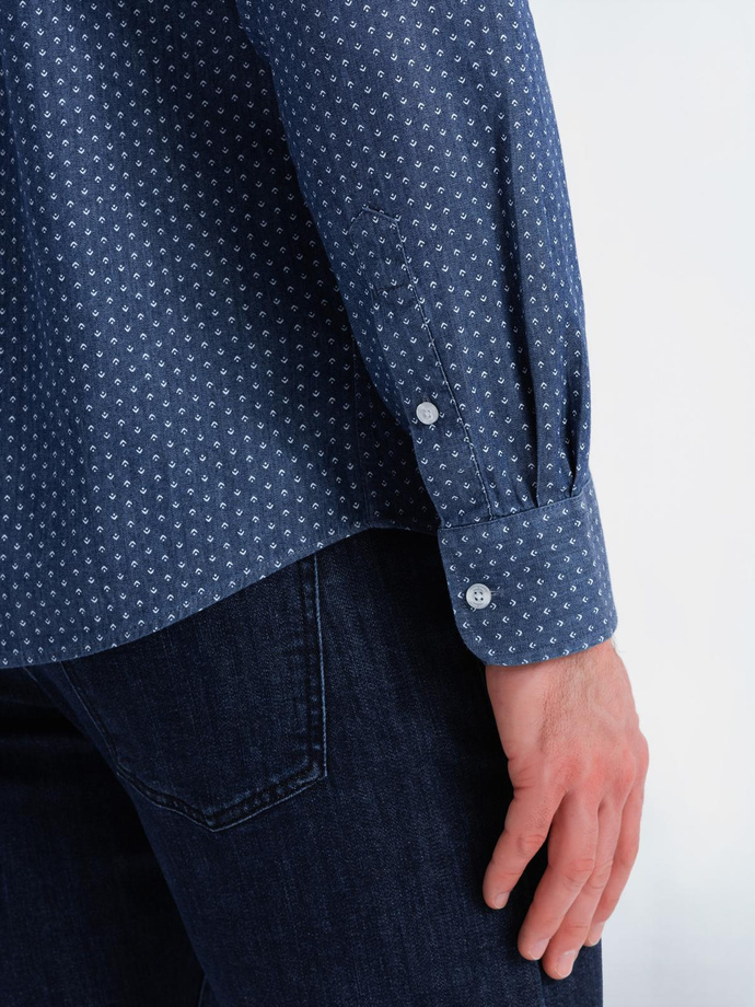 Wzorzysta męska koszula z cienkiego jeansu z kieszonką – niebieska V2 OM-SHDS-0179