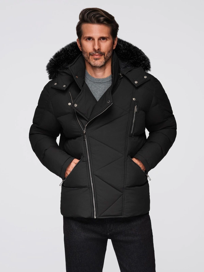 Men's quilted jacket with cut of ramoneski with hood - black V1 OM-JAHP-0252