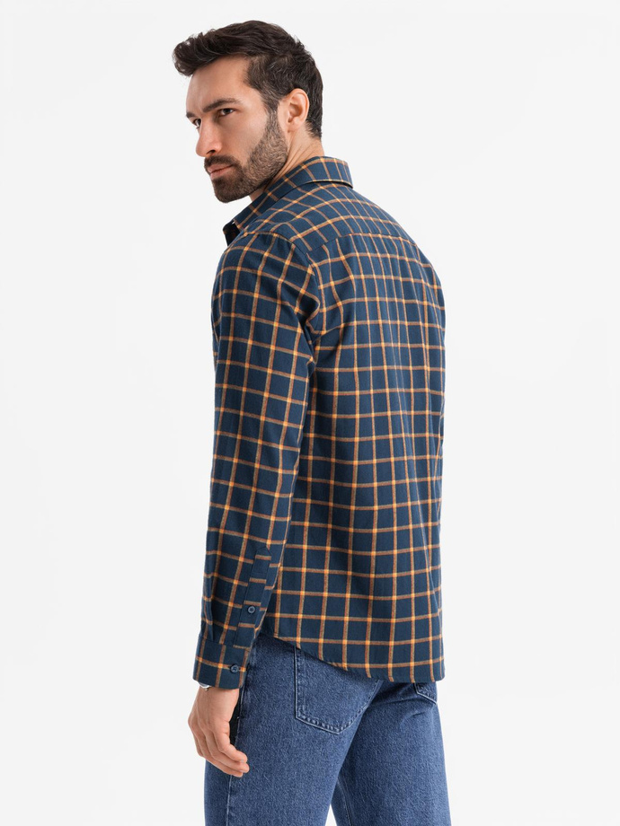 Męska flanelowa koszula w kratę SLIM FIT - granatowo-pomarańczowa V1 OM-SHCS-0145