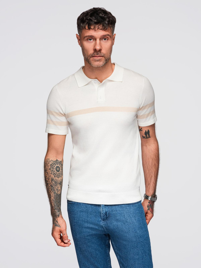 Men's soft knit polo shirt with contrasting stripes - cream V3 OM-POSS-0118