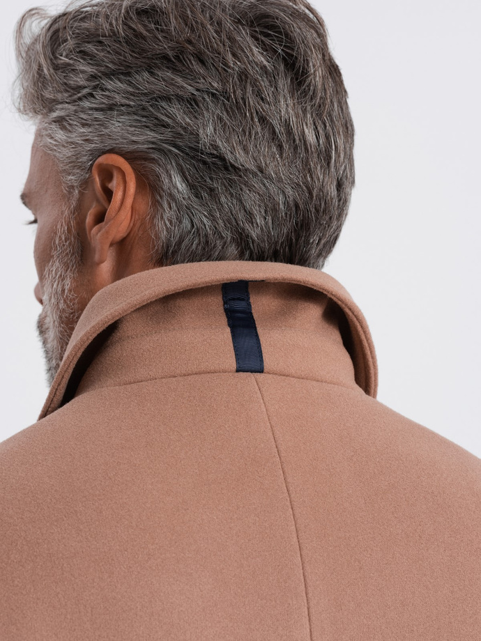 Single-breasted men's long coat with collar and bolster - brown V2 OM-COWC-0106