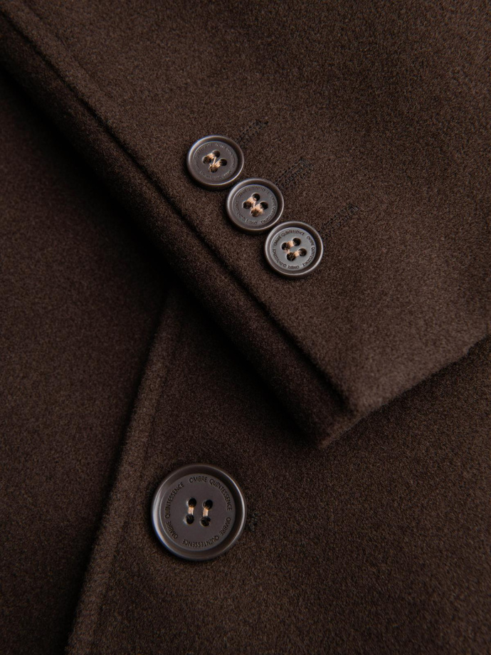 Single-breasted men's long coat with collar and bolster - brown V4 OM-COWC-0135
