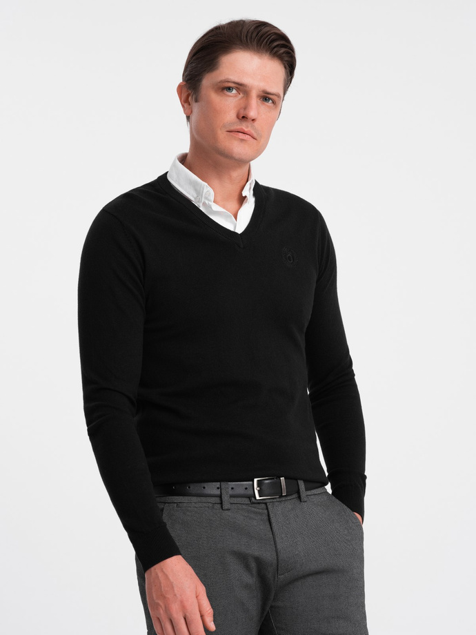 Men's sweater with a "v-neck" neckline with a shirt collar - black V1 OM-SWSW-0102