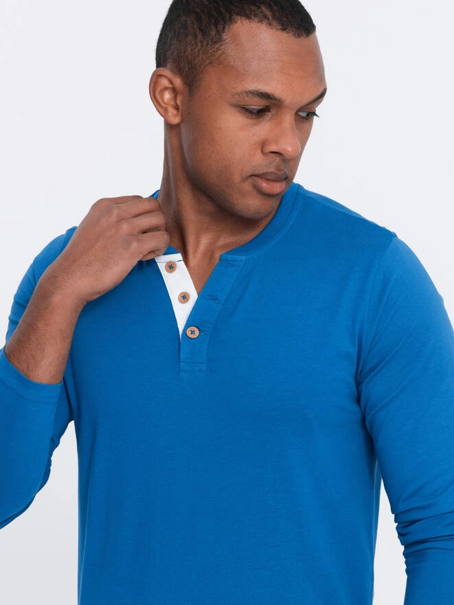 Longsleeve męski z guzikami przy dekolcie - niebieski V2 OM-LSCL-0107