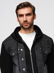 Men's denim jacket with knitted sleeves and hood - black V3 OM-JADJ-0220