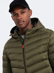 Men's quilted jacket with satin finish - dark olive green V13 OM-JALP-0121